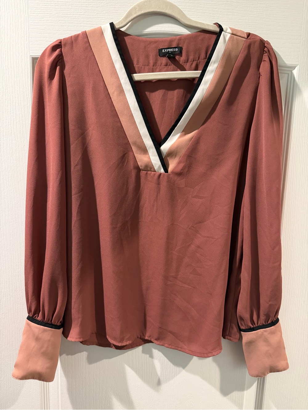 Express Rose Taupe V-Neck Long Sleeve Blouse with Contrast Trim